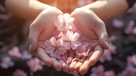 Cherry blossoms in the hands of a woman. Spring backgroundの素材