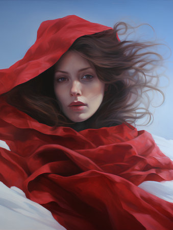 Beautiful young woman in a red cloak on a background of blue skyの素材