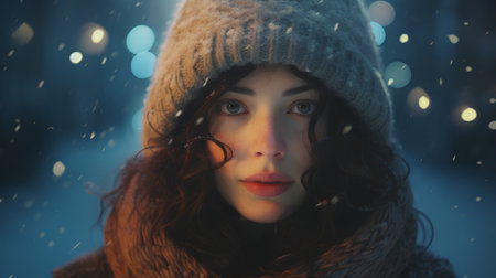 Beautiful young woman in winter hat and scarf on the background of falling snow.の素材