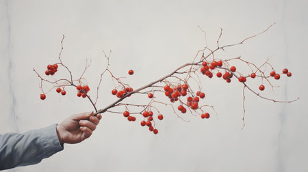 Hands of a man holding a branch with red berries on a white backgroundの素材