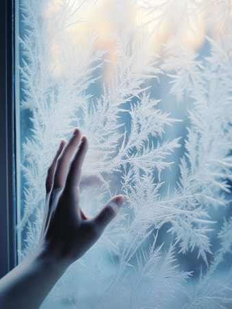 Close up of woman hand on frosted window glass in winter.の素材