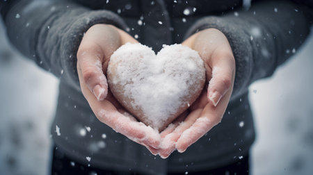 Woman hands holding a heart shape made of snowflakes in winterの素材