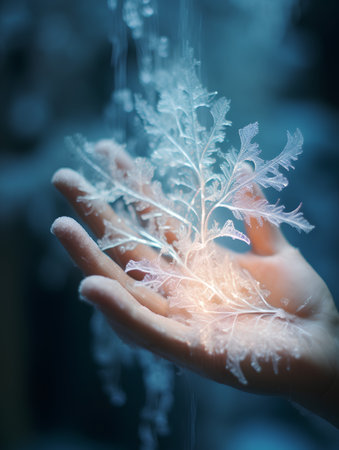 Hand holding a snowflake on a dark background. Winter concept.の素材