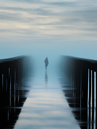 silhouette of a man walking on the bridge in the fogの素材