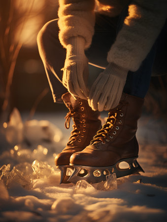 Hands of young woman in warm sweater and blue jeans with ice skatesの素材