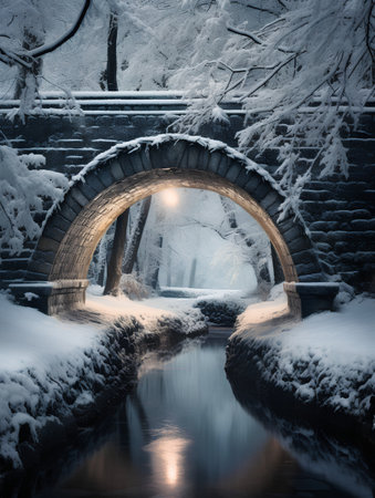 Winter landscape with a stone bridge over a small river at night.の素材