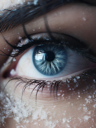 Close up of beautiful woman's blue eye with snowflakes effectの素材