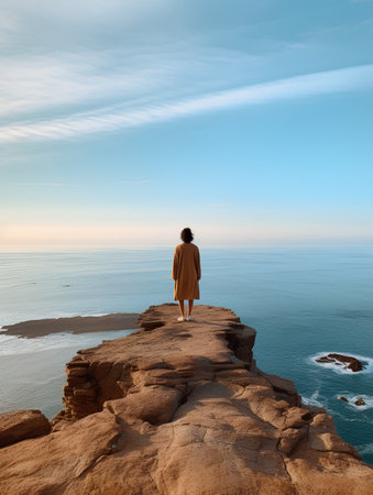 Woman standing on the cliff and looking at the ocean. 3d renderの素材
