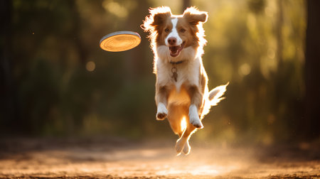 Border collie dog jumping and catching a flying disc in the air.の素材