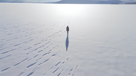 Aerial view of beautiful snow covered landscape in winter, Hokkaido, Japan.の素材