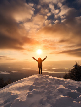 Man standing on top of the mountain and looking at the sunset.の素材