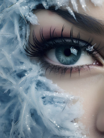Winter beauty portrait. Close-up of a beautiful woman's eye with winter make-up.の素材