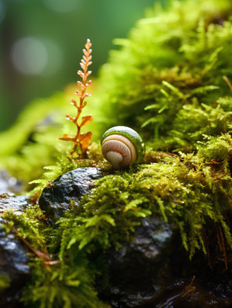 Small snail on green moss in the forest. Shallow depth of field.の素材