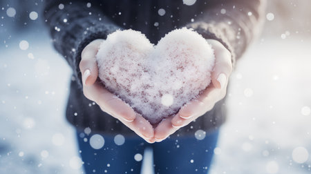 Woman hands holding heart shape with snowflakes. Winter concept.の素材