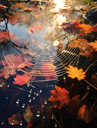 Cobweb with autumn leaves reflected in water. Selective focus.の素材