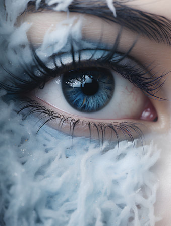 Close-up shot of beautiful woman's blue eye with snow.の素材
