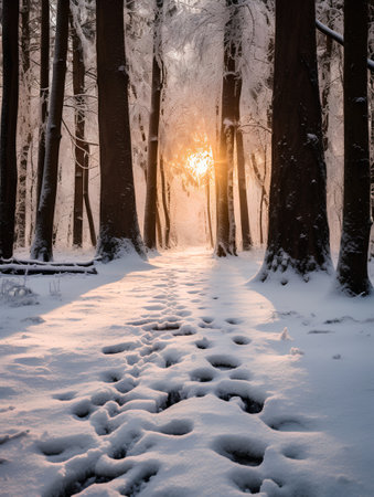 Footpath in the winter forest at sunset. Footprints in the snow.の素材