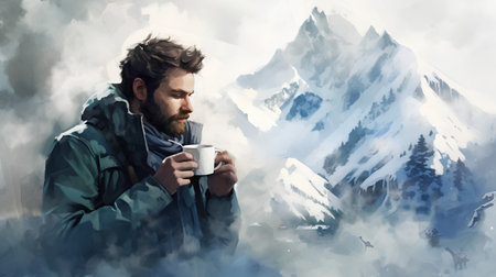 Handsome bearded man with a cup of coffee or tea in the mountainsの素材