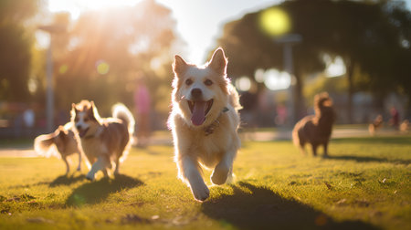 Golden Retriever running in the park at sunset. Selective focus.の素材