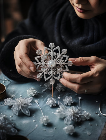 Handmade snowflake in female hands. Christmas and New Year conceptの素材