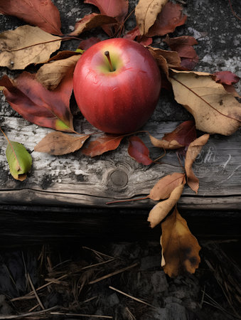 Red apple and autumn leaves on a wooden bench. Autumn background.の素材