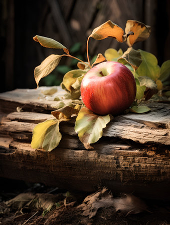 Still life with red apple and autumn leaves on rustic wooden backgroundの素材