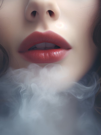 Closeup portrait of beautiful young woman with red lips and smoke.の素材