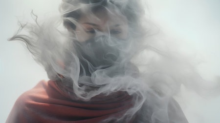 Portrait of a beautiful woman in a red scarf with smoke on her faceの素材
