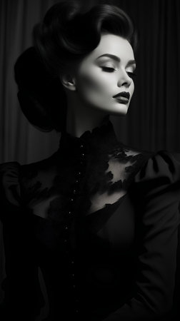 Portrait of a beautiful young woman in black dress. Fashion photo.の素材