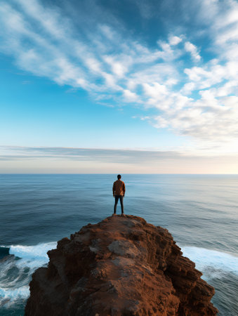 Man standing on the edge of a cliff and looking at the seaの素材