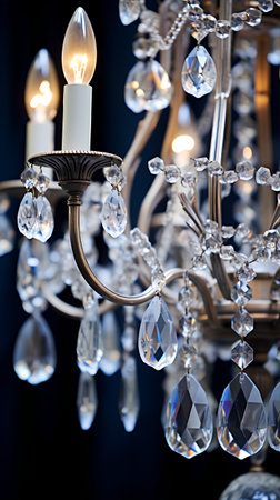 Crystal chandelier close-up with burning candles on a dark backgroundの素材