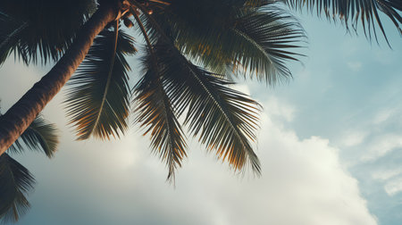 Coconut palm trees on the sky background. Vintage tonedの素材