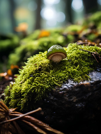 Mushroom growing on moss in the forest. Nature background.の素材