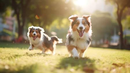 Two Australian Shepherd dogs are running in the park on a sunny day.の素材