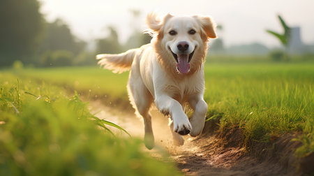 Golden Retriever running on green rice field in the sunset timeの素材