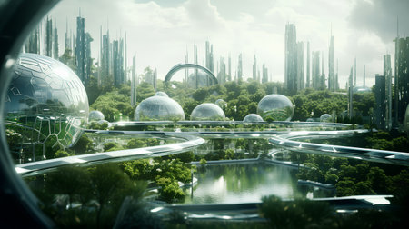 Futuristic city with skyscrapers and green trees. 3d renderingの素材