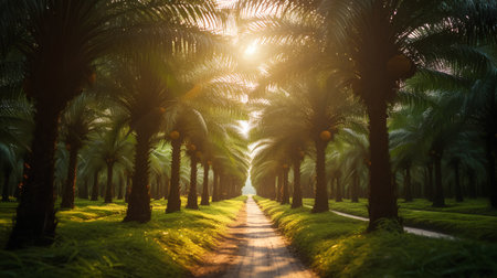Sunset in the garden with palm trees and pathway in the morning.の素材