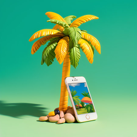 Mobile phone with palm tree and nuts on green background. 3d illustrationの素材