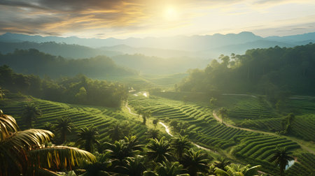 Beautiful sunset over the tea plantation in the mountains. Bali island, Indonesiaの素材