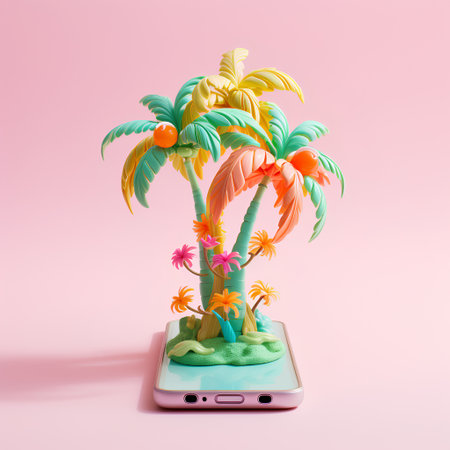 Mobile phone with palm trees and flowers on the screen. 3d illustrationの素材