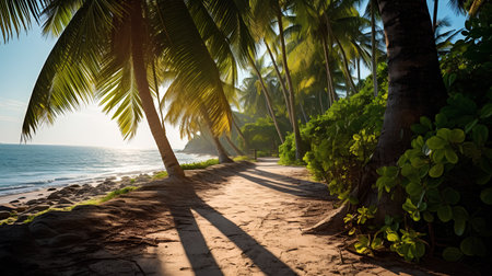 Beautiful tropical beach with palm trees at sunset. Toned.の素材