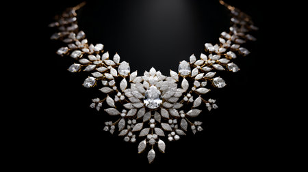 Jewelry necklace with precious stones on a black background close-upの素材