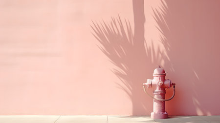 Red fire hydrant on pink wall with palm leaves shadow. Copy spaceの素材