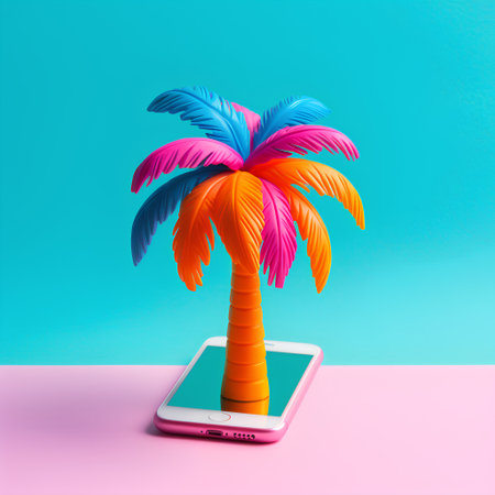 Mobile phone with palm tree on pink and blue background. 3d renderingの素材
