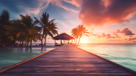 Wooden pier on tropical beach with coconut palm tree at beautiful sunsetの素材