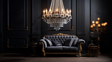 Classic interior with armchair and chandelier.Luxury furniture.Digital Illustrationの素材