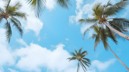 Coconut palm trees on blue sky background. 3d renderの素材