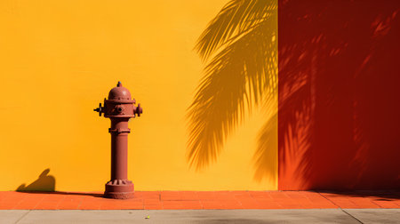 Red fire hydrant in front of orange wall with palm leaf shadowの素材