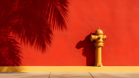 Yellow fire hydrant on a red wall with palm leaves shadow.の素材