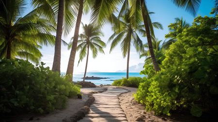 Beautiful tropical beach with coconut palm trees at Seychellesの素材